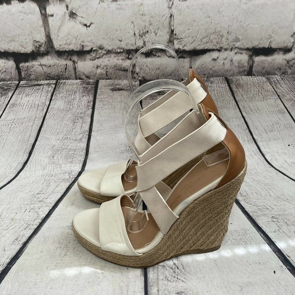 Jean Michel Cazabat Ivory Leather Textile Espadrille Wedge Sandals Size 6.5 - Picture 3 of 12